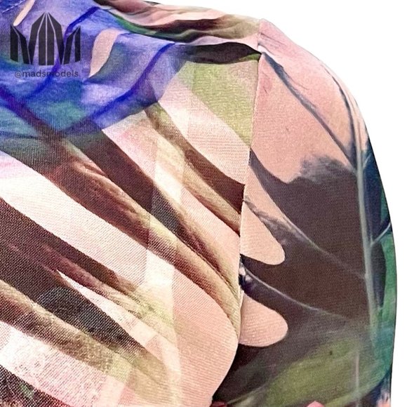 Marciano l Pink Blue Green Tropical Monstera Leaf Print Mesh Long Sleeve Top - Picture 4 of 6